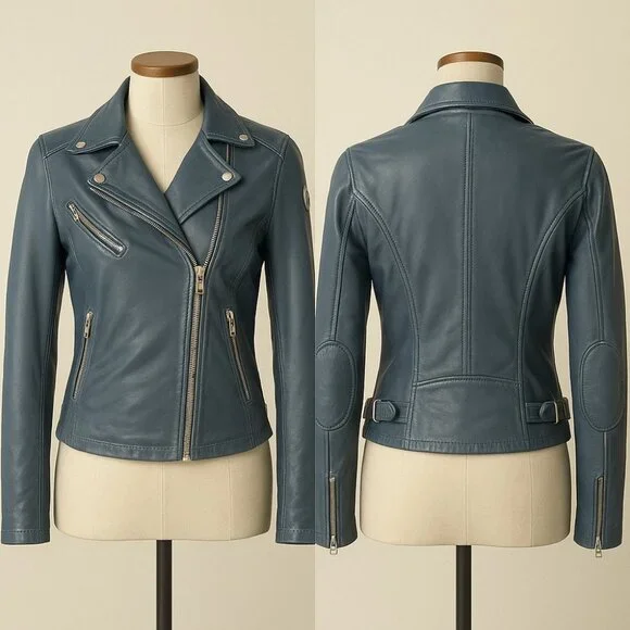 SOLD Mauritius Lamb Leather Moto Jacket Denim Blue - Picture 1 of 16